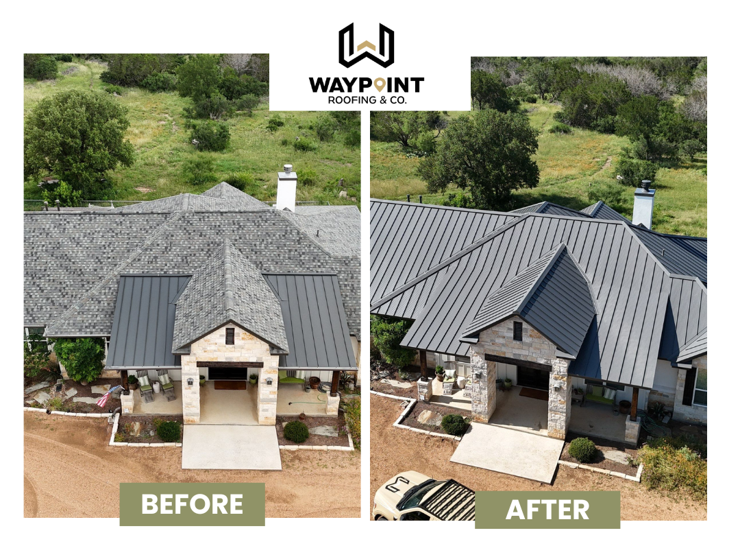 Waypoint Roofing shingle-to-metal roof transformation, before on the left and after on the right