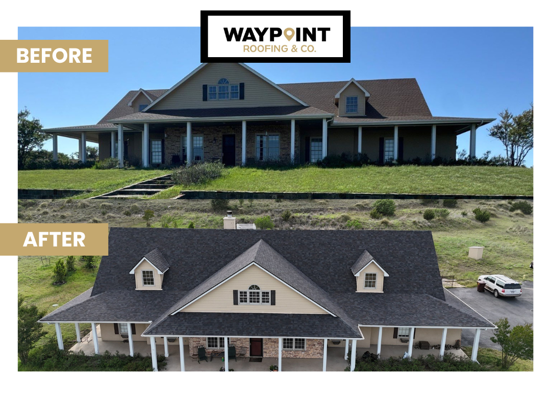 Waypoint Roofing shingle roof transformation, before above and after below