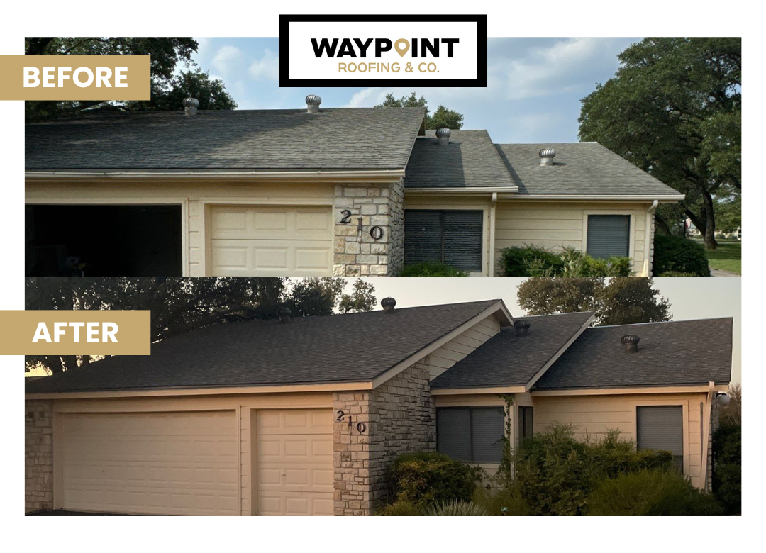 Waypoint Roofing shingle roof transformation, before above and after below